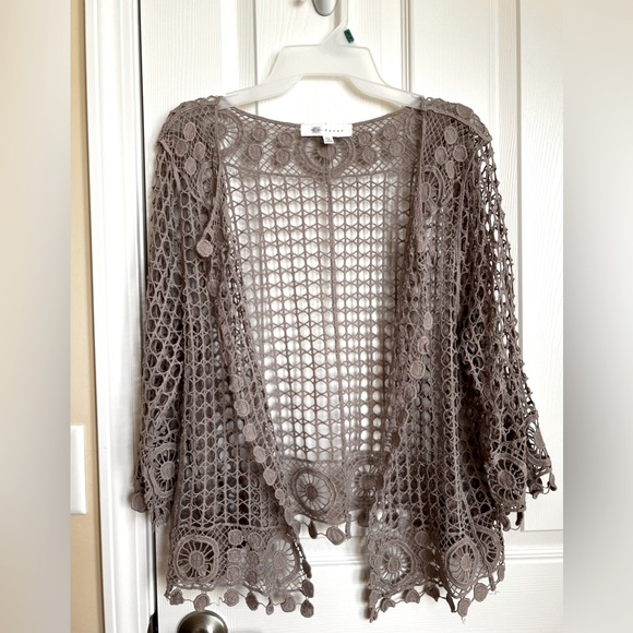 Open Front 3/4 Sleeves Crochet Sweater, & coordinating Tank Top. Taupe. - Picture 3 of 15
